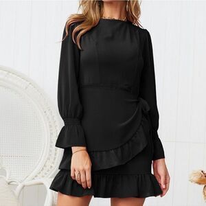 Women's Round Neck Long Sleeve Lace Up Ruffle Dress Female Chiffon Dress
